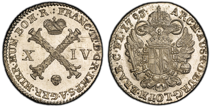 1085643 AUSTRIAN NETHERLANDS. Franz II. 1793-(b) AR 14 Liards, 14 Oorden. PCGS MS66.  Brussels. 2.76gm. FRANC · II · D · G · R · IMP · S · A · .... Titles of Franz II / ARCH · AUST · D · BURG · .... Crowned imperial eagle with crowned arms on brea...