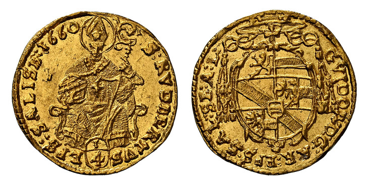1085329 AUSTRIAN STATES. Salzburg. Guidobald of Thun und Hohenstein. (Archbishop, 1654-1668). 1660 AV 1/4 Ducat. NGC MS62.  .875gm. GVIDOB…. Shield of arms below a "Cappello Romano" (Cappello Saturno) or Roman hat with tasselated strings to either...