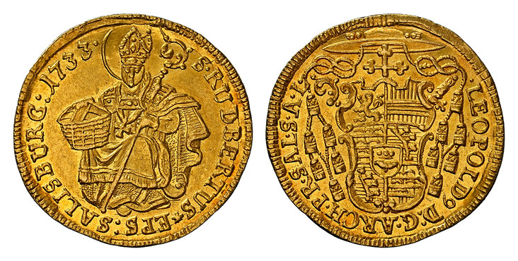 1085334 AUSTRIAN STATES. Salzburg. Leopold Anton Eleutherius of Firmian. (Archibishop, 1727-1744). 1733 AV Ducat. NGC MS63.  3.43gm. LEOPOLD ... Cardinals' hat above pear-shaped shield / S: RUDBERTUS · EPS · SALISBURG ·. St. Rupert. KM 323; Fr.-84...