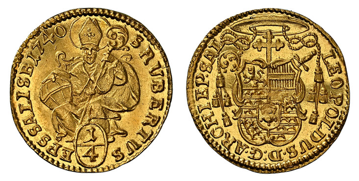 1085337 AUSTRIAN STATES. Salzburg. Leopold Anton Eleutherius of Firmian. (Archibishop, 1727-1744). 1740 AV 1/4 Ducat. NGC MS63.  .875gm. LEOPOLDUS ... Cardinals' hat above shield / St. Rupert above value within oval circle. KM 330; Fr.-851; Probsz...