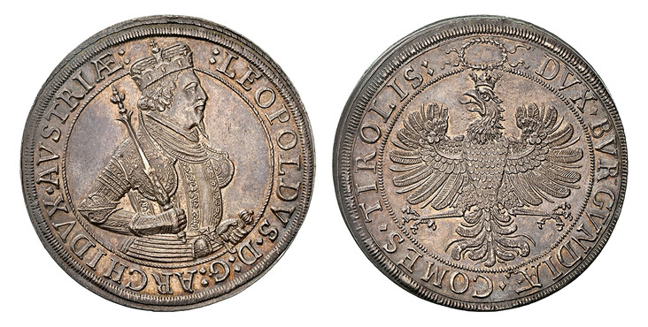 1086126 AUSTRIA. Leopold. (Archduke, 1619-1632). (1625) ND AR 2 Thaler. NGC MS63.  Hall. Crowned half-length bust, right; scepter over right shoulder, left hand on hilt / Crowned eagle within inner circle, legend around. KM 609.1 (Prev. KM 807.1);...