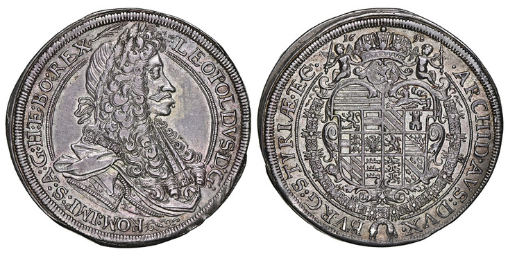 1085940 AUSTRIA. Leopold I. 1698 (J. J. Aigmann, mintmaster) AR Thaler. NGC AU55.  Graz. LEOPOLDVS•D:G: *(∞)* ROM:IMP:S:A:G:H:[ET] BO:REX• (palm branch). Draped laureate bust, right / •ARCHID•AVS:DVX• BVRG: STYRIÆ*[ETC]. Crowned arms within Order ...