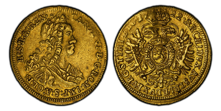 1081791 AUSTRIA. Karl (Charles) VI. 1722 AV Ducat. PCGS AU50.  Graz. 3.44gm. CAROL · VI · D: G: ROM · IMP: S: A: G: E: R: HIS: H: B: REX ·. Laureate head right / ARCHIDVX AVSTRIÆ DVX BVRG STYRIÆ. Crowned imperial eagle, crown divides date. KM 1557...