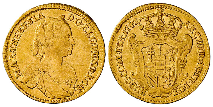 1086467 AUSTRIA. Maria Theresa. 1743 AV Ducat. NGC AU50.  Vienna. Bust right / Crowned arms. KM 1705; Fr.-397.

Currently the finest known at NGC as of February 2026

Please use this link to verify the NGC certification number <a href="https://www...