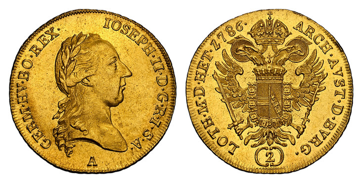 1080034 AUSTRIA. Joseph II. 1786-A AV 2 Ducats. NGC MS63.  Vienna. 6.98gm. IOSEPH · II · D · G · R · I · S · A · GERM · HV · BO · REX ·. Laureate bust right / ARCH · AVST · D · BVRG · LOTH · M · D · HET ·. Crowned imperial double eagle, value enci...