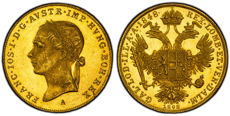 1085682 AUSTRIA. Franz Joseph I. (Emperor, 1848-1916). 1848/1898-A AV Ducat. PCGS MS65.  Vienna. 3.49gm. Laureate head left / Second date below eagle. KM 2268; Fr.-489; Herinek 71.

For the Jubilee upon his 50th year of Reign.

Please use this lin...