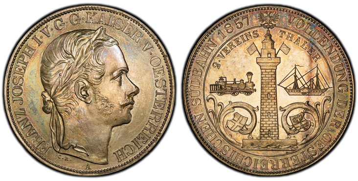 1085901 AUSTRIA. Franz Joseph I. (Emperor, 1848-1916). 1857-A AR 2 Thaler. PCGS MS62.  By Carl Radnitzky. Vienna. 37.11gm. FRANZ JOSEPH I V G G KAISER V OESTERREICH. Laureate head right; wreath tips point between "AI" of "KAISER" / VOLLENDUNG DER ...