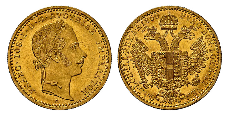 1085043 AUSTRIA. Franz Joseph I. 1860-A AV Ducat. NGC MS63+.  Vienna. 3.50gm. Laureate head right / Crowned imperial double eagle. KM 2264; Frühwald 1195.

Please use this link to verify the NGC certification number <a href="https://www.ngccoin.co...