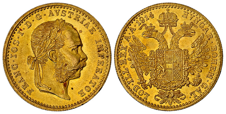 1085432 AUSTRIA. Franz Joseph I. (Emperor, 1848-1916). 1914/3 AV Ducat. NGC MS65.  Vienna. 3.46gm. Laureate head right, heavy whiskers / Crowned imperial double eagle. KM 2267; Fr.-493; Herinek 183.

Please use this link to verify the NGC certific...