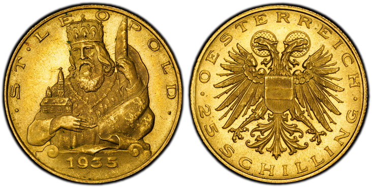 1085687 AUSTRIA. 1935 AV 25 Schilling. PCGS PL65.  Haloed double eagle with Austrian shield on breast, value below / Half figure of St. Leopold, facing 3/4 forward, date at bottom. KM 2856; Fr.-524; Herinek 25.

Please use this link to verify the ...