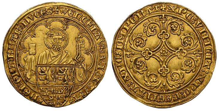 1084973 BELGIUM. Brabant. Joanna and Wenceslas. (Duchess and Duke, 1354-1383). (1355-1383) ND AV Pieter d'Or. NGC MS61.  Leuven (Louvain). 4.10gm. Facing nimbate bust of St. Peter holding a book and key; shield with quatered arms of Limburg, Braba...