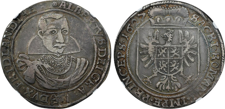 1086470 BOHEMIA. Friedland. Albrecht von Wallenstein. 1627 Privy mark: sunface (mintmaster Georg Reick); Engraver: Hans Rieger, Breslau (Wroclaw) AR Thaler. NGC XF45.  Jitschin (Jicin) Mint. Facing bust with large collar / Plain field at sides of ...