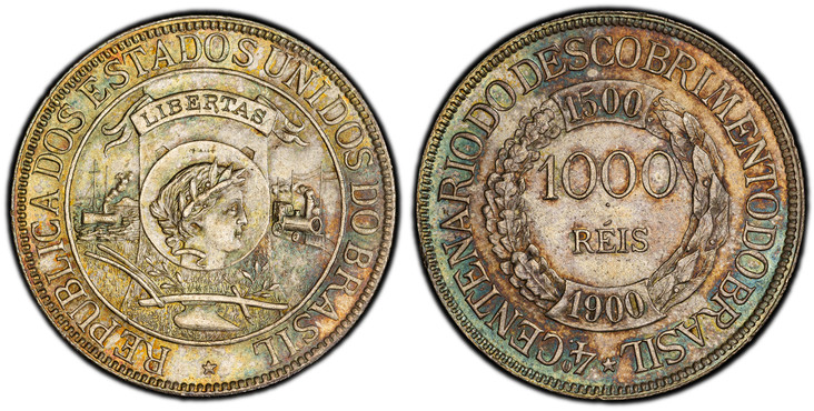1085648 BRAZIL. Republic. 1900 AR 1000 Reis. PCGS MS64.  12.75gm. Small circle holds laureate head right at center of design / Denomination divides dates, sprigs flank. KM 500.

On the 400th Anniversary of the Discovery of Brasl, 1500-1900.

Pleas...