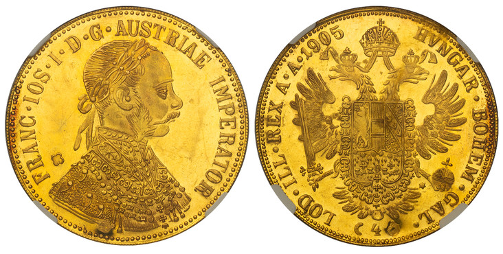 1086095 BULGARIA. Franz Joseph I. 1905, though struck circa 1918 AV 4 Ducats. NGC MS63 PL (Prooflike).  Sofia mint. (Shield of arms). Laureate, armored bust right / Crowned imperial double eagle. cf. KM 2276 (Austria); Schlumberger 56.

Imitating ...