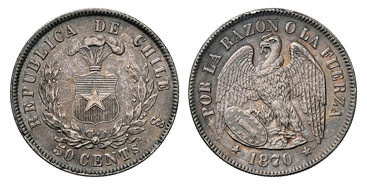 1085927 CHILE. 1870-So AR 50 Centavos. NGC MS64.  Santiago Mint. Smaller wreath / Condor with wings spread and shield. KM 139.

Please use this link to verify the NGC certification number <a href="https://www.ngccoin.com/certlookup/8362351-010/64/...