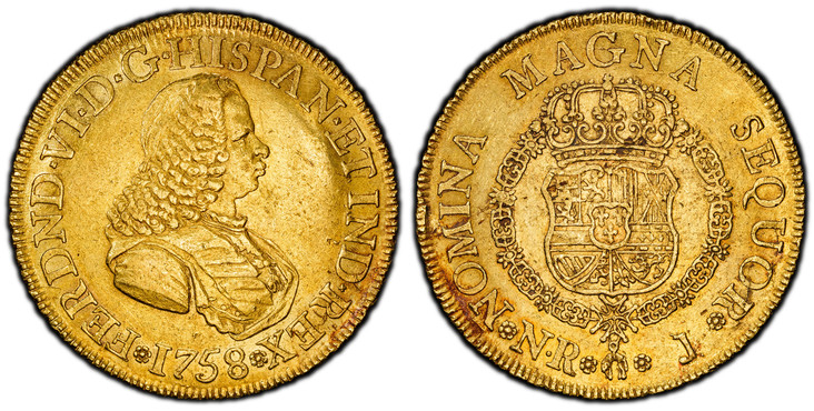 1086286 COLOMBIA. Ferdinand VI. (King, 1746-1759). 1758-NR J AV 8 Escudos. PCGS AU55.  Bogota. FERDND · VI · D · G ·  HISPAN · ET IND · REX. Bust right / NOMINA MAGNA SEQUOR. Crowned shield of arms within Order chain; legend around. KM 32.1; Fr.-1...