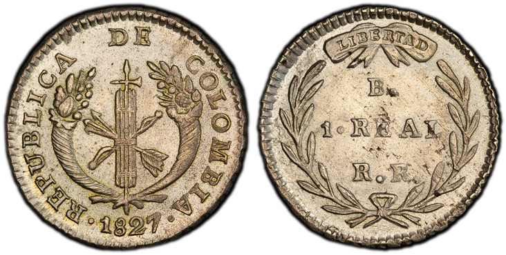 1085834 COLOMBIA. 1827-B RR AR Real. PCGS MS63.  Bogota. 20mm. 2.69gm. · REPUBLICA DE COLOMBIA ·. Fasces between cornucopias / Denomination within wreath. KM 87.1; Restrepo 153.2.

Please use this link to verify the PCGS certification number <a hr...