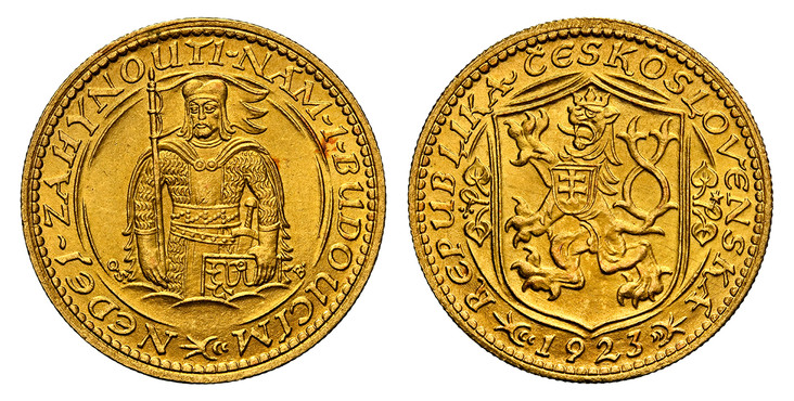 1080290 CZECHOSLOVAKIA. First Republic. (1918 - 1938/39). 1923 AV Ducat. NGC MS65.  By J. Benda (Obv.) & O. Spaniel (Rev.). Kremnitz. Edge: Milled. Czech lion with Slovak shield, date below / Duke Wenceslas (Vaclav) half-length figure facing. KM 8...