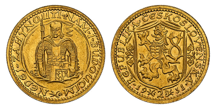1085364 CZECHOSLOVAKIA. Republic. (1918-1939). 1931 AV 2 Dukaty. NGC MS66.  By J. Benda (Obv.) & O. Spaniel (Rev.). Edge: Milled. Czech lion with Slovak shield, denomination divides date below / Duke Wenceslas (Vaclav) half-length figure facing. K...