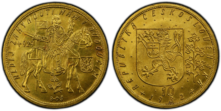1084893 CZECHOSLOVAKIA. Republic. (1918-1939). 1932 AV 10 Ducats. PCGS MS64.  By J. Benda (Obv.) & O. Spaniel (Rev.). Kremnitz. Edge: Milled. 42mm. 34.88gm. REPUBLIKA ČESKOSLOVENSKÁ. Czech lion with Slovak shield, denomination and date below / NED...