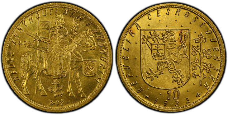 1084894 CZECHOSLOVAKIA. Republic. (1918-1939). 1932 AV 10 Ducats. PCGS MS64.  By J. Benda (Obv.) & O. Spaniel (Rev.). Kremnitz. Edge: Milled. REPUBLIKA ČESKOSLOVENSKÁ. Czech lion with Slovak shield, denomination and date below / NEDEJ·ZAHYNOUTI·NÁ...