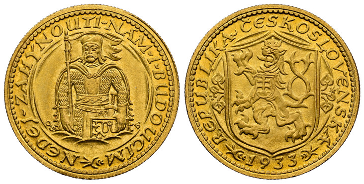 1084895 CZECHOSLOVAKIA. Republic. (1918-1939). 1933 AV Ducat. NGC MS67.  By J. Benda (Obv.) and O. Spaniel (Rev.). Kremnitz. Edge: Milled. Czech lion with Slovak shield, date below / Duke Wenceslas (Vaclav) half-length figure facing. KM 8; Fr.-2; ...