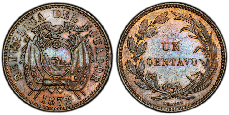 1085649 ECUADOR. 1872-HEATON CU Centavo, Un. PCGS MS63BN (Brown).  Heaton, Birmingham. Flag-draped arms / Denomination within laurels. KM 45.

Please use this link to verify the PCGS certification number <a href="http://www.pcgs.com/cert/56266697/...