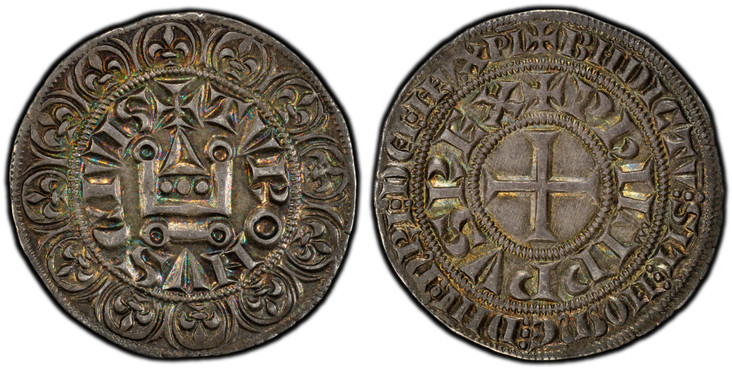 1086483 FRANCE. Philip IV. (1285-1314) ND AR Gros Tournois. PCGS MS64.  +TVRONVS CIVIS. Stylized chatel tournois within beaded inner circle, surrounded by circle of 12 fleur-de-lis, all within outer beaded circle / +PhILIPPVS REX. Short cross patt...