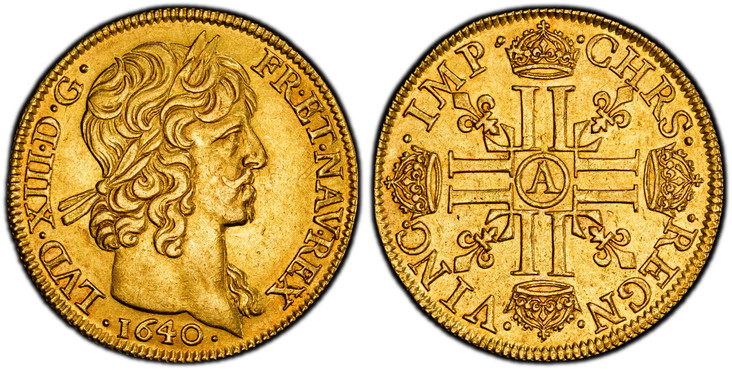 1085884 FRANCE. Louis XIII. 1640-A AV 2 Louis d'Or. PCGS AU58.  Paris. 13.42gm. · LVDO · XIII · D · G ·…. Large head / CHRS - REGN - VINC - IMP. Crusiform of LLs; mintmark in center circle. KM 109; Gad.-59; Dr.-16; Clairand 32009.

Please use this...