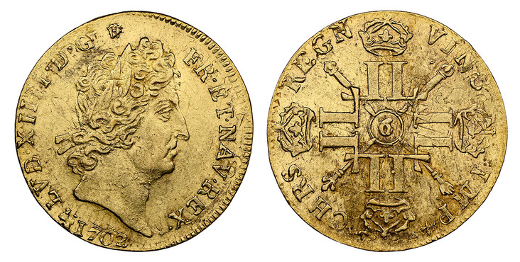 1080867 FRANCE. Louis XIV. (King, 1643-1715). 1702(9)-"9" AV Louis d'Or. NGC MS61.  Rennes. 6.69gm. LVD · XIIII · D · G  FR · ET · NAV ·  REX ·. Laureate head right / CHRS · REGN · VINC · IMP. Crowned back to back L's, Hand of Justice and sceptre ...