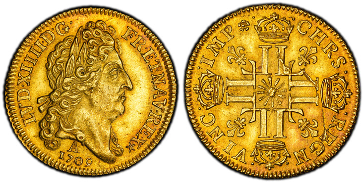 1084790 FRANCE. Louis XIV. (King, 1643-1715). 1709-A AV Louis d'Or. PCGS AU58.  Paris. 8.15gm. LVD · XIIII · D · G · FR · ET · NAV · REX. Laureate head right / CHRS · REGN · VINC · IMP. Crowned back to back L's with flower in center square, fleur-...