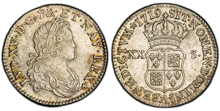 1085651 FRANCE. Louis XV. (King, 1715-1774). 1719-A AR 20 Sols, 1/6 Ecu. PCGS MS62.  Paris. 4.05gm. LVD · XV · D · G · FR · ET · NAV · REX. Young bust right / SIT · NOMEN · DOMINI BENEDICTVM ·. Crowned arms of France and Navarre quartered divide v...