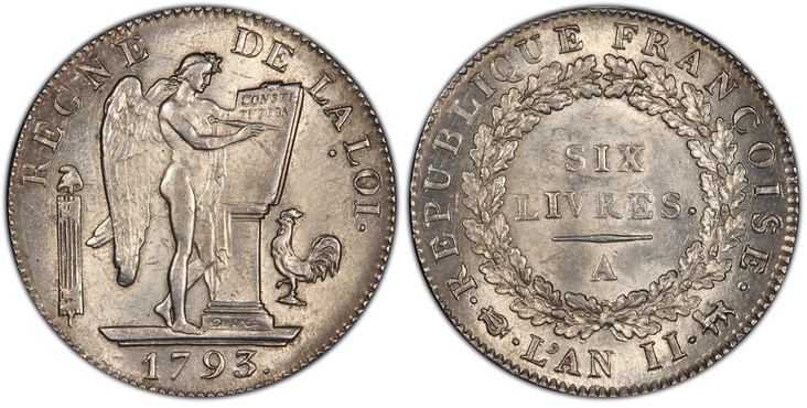 1086460 FRANCE. 1793//L'An II-A AR Ecu, 6 Livres. PCGS MS63.  Paris. REGNE DE LALOI. Standing Genius writing the Constitution / REPUBLIQUE FRANCOISE LAN II. Denomination within wreath. KM 624.1; Dav.-1336; Gad.-58.

Please use this link to verify ...