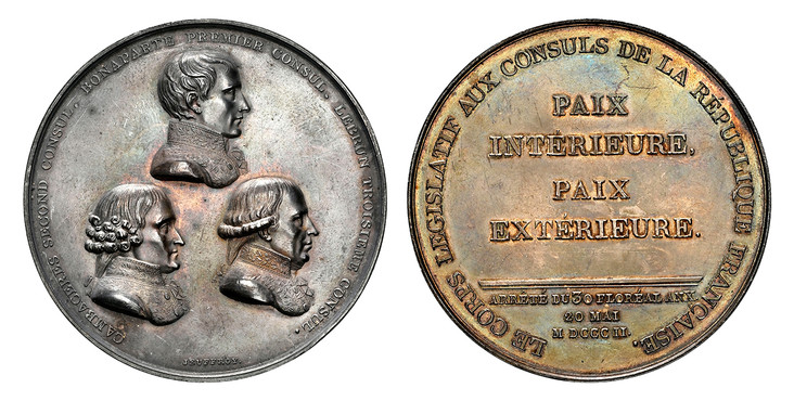1084446 FRANCE. Premier Consul. (1799-1804). 1802-Dated AR Medal. NGC MS62.  By Romain-Vincent Jeuffroy. Paris. 68mm. CAMBACERES SECOND CONSUL. BONAPARTE PREMIER CONSUL. LEBRUN TROISIEME CONSUL. Uniformed busts of the three consuls: Napoleon Bonap...