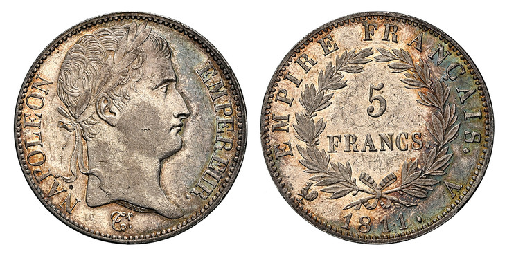 1085860 FRANCE. Napoleon I. (Emperor, 1804-1814, 1815). 1811-A AR 5 Francs. NGC AU58.  Paris. NAPOLEON EMPEREUR. Laureate head right / EMPIRE FRANCAIS. Denomination within wreath. KM 694.1; Gad.-584; F-307.

Please use this link to verify the NGC ...