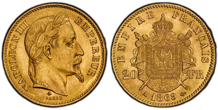 1086049 FRANCE. Napoleon III. (Emperor, 1842-1870). 1869-A AV 20 Francs. PCGS MS65.  Paris. NAPOLEON III EMPEREUR. Laureate head right / EMPIRE FRANCAIS. Crowned and mantled arms divide denomination. KM 801.1; Gad.-1062; F.-532.

Please use this l...