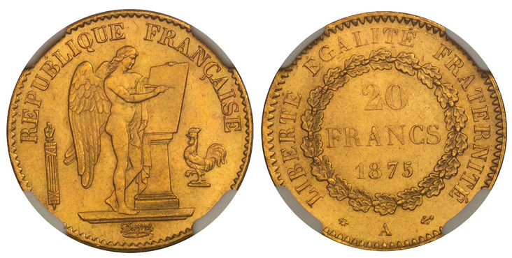 1085887 FRANCE. 1875-A AV 20 Francs. NGC MS65.  Paris. Standing Genius writing the Constitution, rooster at right, fasces at left / Denomination above date within circular wreath. KM 825; Fr.-592; F.-533; Gad.-1073.

Please use this link to verify...