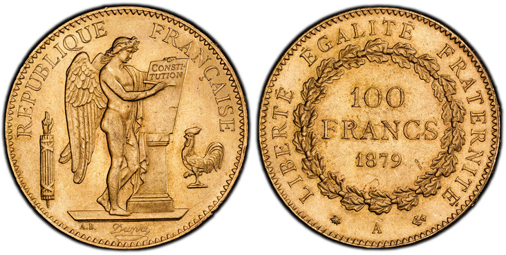 1086050 FRANCE. 1879-A (anchor) AV 100 Francs. PCGS MS64.  Paris. Edge: DIEU PROTEGE LA FRANCE. Standing Genius writing the Constitution, rooster on right, fasces on left / Denomination above date within circular wreath. KM 832; Gad.-1137; F.-552 ...