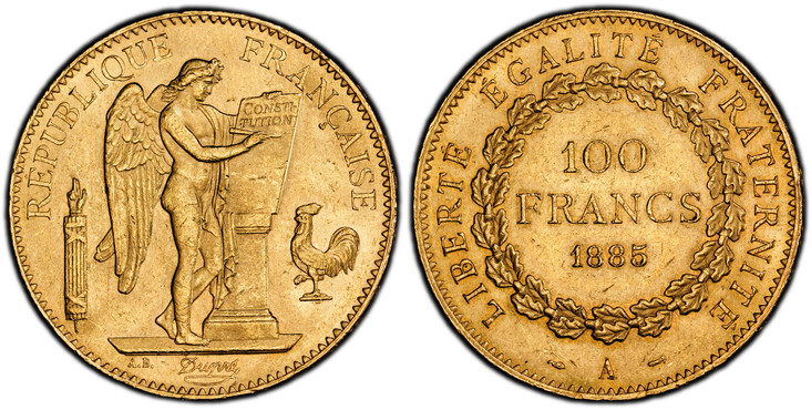 1086051 FRANCE. 1885-A AV 100 Francs. PCGS MS64.  Paris. Edge: DIEU PROTEGE LA FRANCE. Standing Genius writing the Constitution, rooster on right, fasces on left / Denomination above date within circular wreath. KM 832; Gad.-1137; F-552.

2894 pie...