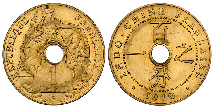 1084873 FRENCH INDO-CHINA. 1910-A Copper-Nickel Essai Cent. NGC MS66.  By Daniel Dupuis. Paris. 26mm. 4.67gm. REPUBLIQUE FRANÇAISE. Allegories of the Republic around central hole, denomination below / INDO-CHINE FRANÇAISE. Four characters around c...