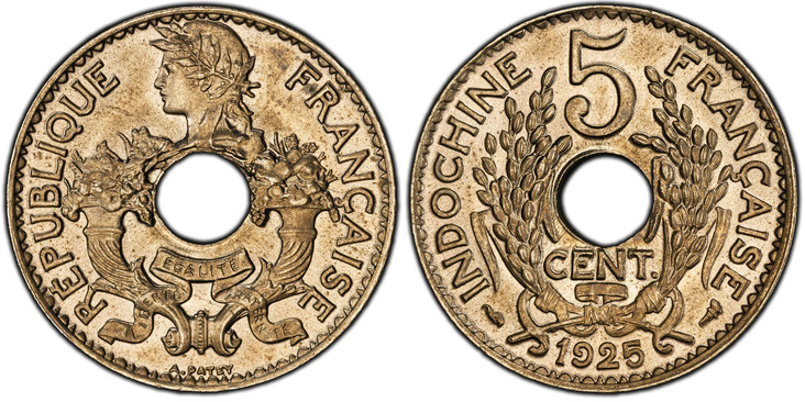 1085658 FRENCH INDO-CHINA. 1925-(a) Copper-Nickel 5 Cents. PCGS MS65.  By A. Patey. Paris. 24mm. 5.2gm. Cornucopias flank center hole, laureate head left above / Center hole within wreath divides denomination, date below. KM 18; Lecompte, Indochin...
