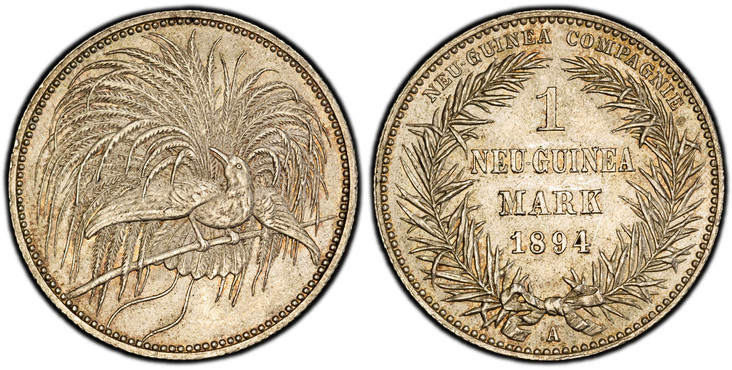 1085497 GERMAN NEW GUINEA. 1894-A AR Mark. PCGS MS65+.  Berlin. Denomination and date in palm wreath / Bird of Paradise. KM 5; Jaeger 705.

Please use this link to verify the PCGS certification number <a href="http://www.pcgs.com/cert/56228467/">5...