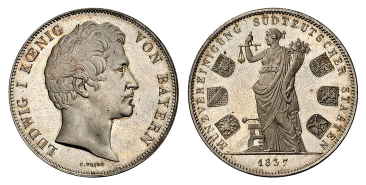 1085359 GERMAN STATES. Bavaria. Ludwig I. 1837 AR 2 Thaler, 3-1/2 Gulden. NGC MS66.  LUDWIG I KOENIG VON BAYERN. Head right / MUNZVEREINIGUNG SUDTEUTSCHER STAATEN. Standing female surrounded by six shields, date below. KM 792; Thu.-75 .

On the Mo...