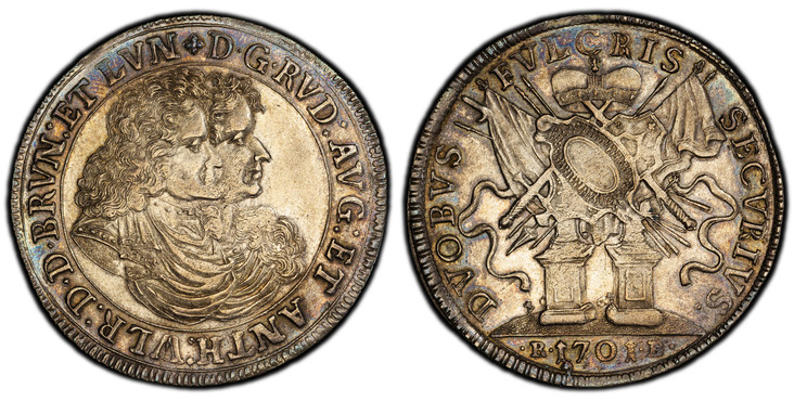 1086180 GERMAN STATES. Brunswick-Wolfenbuttel. Anton Ulrich. 1701 RB AR Thaler. PCGS AU58.  Zellerfeld mint. 29.19gm. Bust of 2 Dukes right within inner circle / Two crowned monuments. KM A577; Dav.-2111; Welter 2066.

Regular Coinage. Dav. #2111....