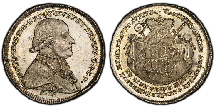 1085493 GERMAN STATES. Eichstatt. Joseph von Stubenberg. (Prince-Bishop, 1790-1802). 1796 CD AR 1/2 Thaler. PCGS MS63.  Munich. 14.02gm. Bust right / Date in chronogram. KM 96; Cahn 150.

Please use this link to verify the PCGS certification numbe...