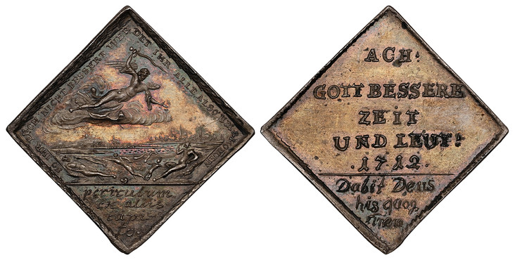 1085388 GERMAN STATES. Hamburg. 1712-Dated AR Klippe. NGC MS63.  26mm x 26mm. Angel of death with a flaming sword flies to the right above a cloud; below lies a field of corpses, with a city view in the background / ACH:/ GOTT BESSERE/ ZEIT/ UND L...
