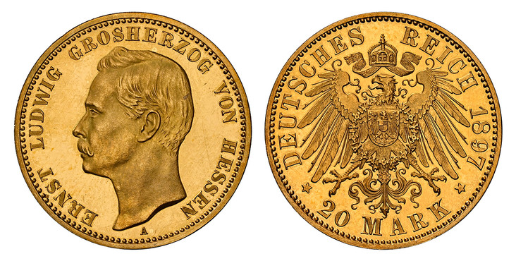 1085738 GERMAN STATES. Hesse-Darmstadt. Ernst Ludwig. 1897-A AV 20 Mark. NGC PR67 Cameo.  Berlin. Edge: GOTT MIT UNS. ERNST LUDWIG GROSHERZOG VON HESSEN. Head left / DEUTSCHES REICH (date), 20 MARK below. Crowned imperial eagle, shield on breast. ...