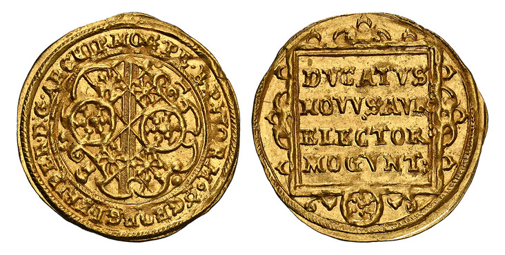 1085671 GERMAN STATES. Mainz. 1629 DA (Daniel Ayrer, mintmaster) AV Ducat. NGC MS64.  3.42gm. GEORGI FRIDER D G ARCHIP MOG PE EP WORM. Arms in inner circle / DVCATVS / NOVVS AVR / ELECTOR / MOGVNT. Arms in inner circle. KM 42 (1629 Ducat); Fr.-164...