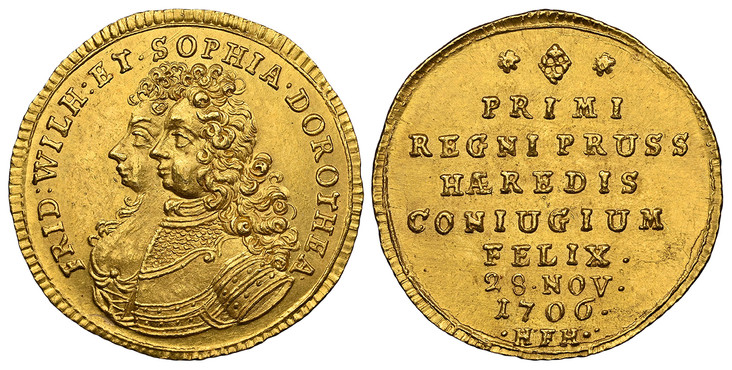 1085386 GERMAN STATES. Prussia. Friedrich I. (King, 1688-1713). 1706 HFH (Heinrich Friedrich Halter, mintmaster) AV Ducat. NGC MS65.  Magdeburg. 3.47gm. FRID · WILH · ET · SOPHIA · DOROTHEA. Conjoioned busts left / Inscription, date. KM 71; Fr.-23...