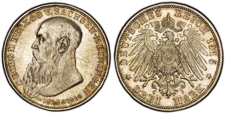 1085496 GERMAN STATES. Saxe-Meiningen. Bernhard III. 1915 AR 3 Mark. PCGS MS66.  Edge: GOTT MIT UNS. Head left, long beard / Crowned imperial eagle with shield on breast. KM 207; Jaeger 155.

Death of Georg II.

Please use this link to verify the ...